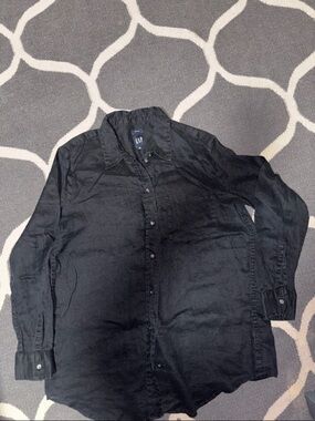 Gap Shirt Womens Medium Black Linen Boyfriend Long Sleeve Button Down Pocket